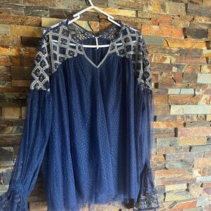 Free People Navy Blue Transparent Embroidered Women's Long Sleeve Blouse Small